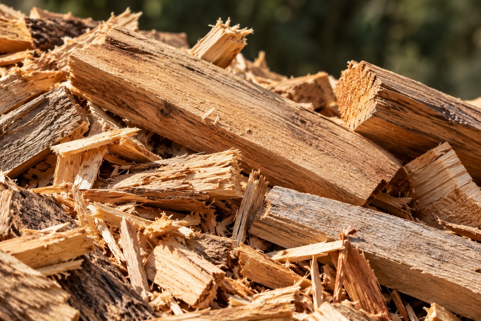 Reclaimed timber offcuts and wood chips in warm natural light.